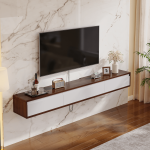 Cozy living room featuring a white floating TV stand with walnut accents