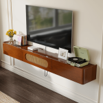 Floating TV stand with open side drawers displaying neatly organized electronics and cable