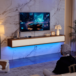 Floating entertainment center with matte walnut finish and glossy white doors