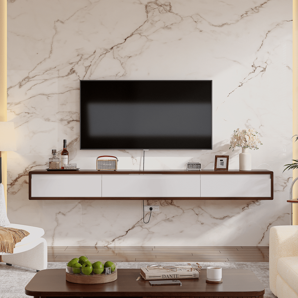 Modern floating TV stand in walnut and high-gloss white finish
