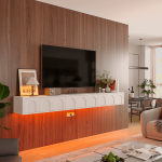 Modern living room with a flat-screen TV mounted above a creamy wall mounted tv cabinet white installed on the wall.
