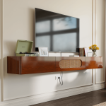 Modern media console walnut brown floating TV stand with two side drawers and a center cabinet, placed in a minimalist apartment