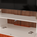Side view of a wall-mounted TV cabinet in white with under-cabinet ambient lighting and a minimalist design.