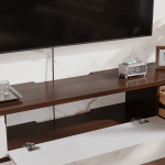 Solid wood walnut and white floating media console with three drop-down doors