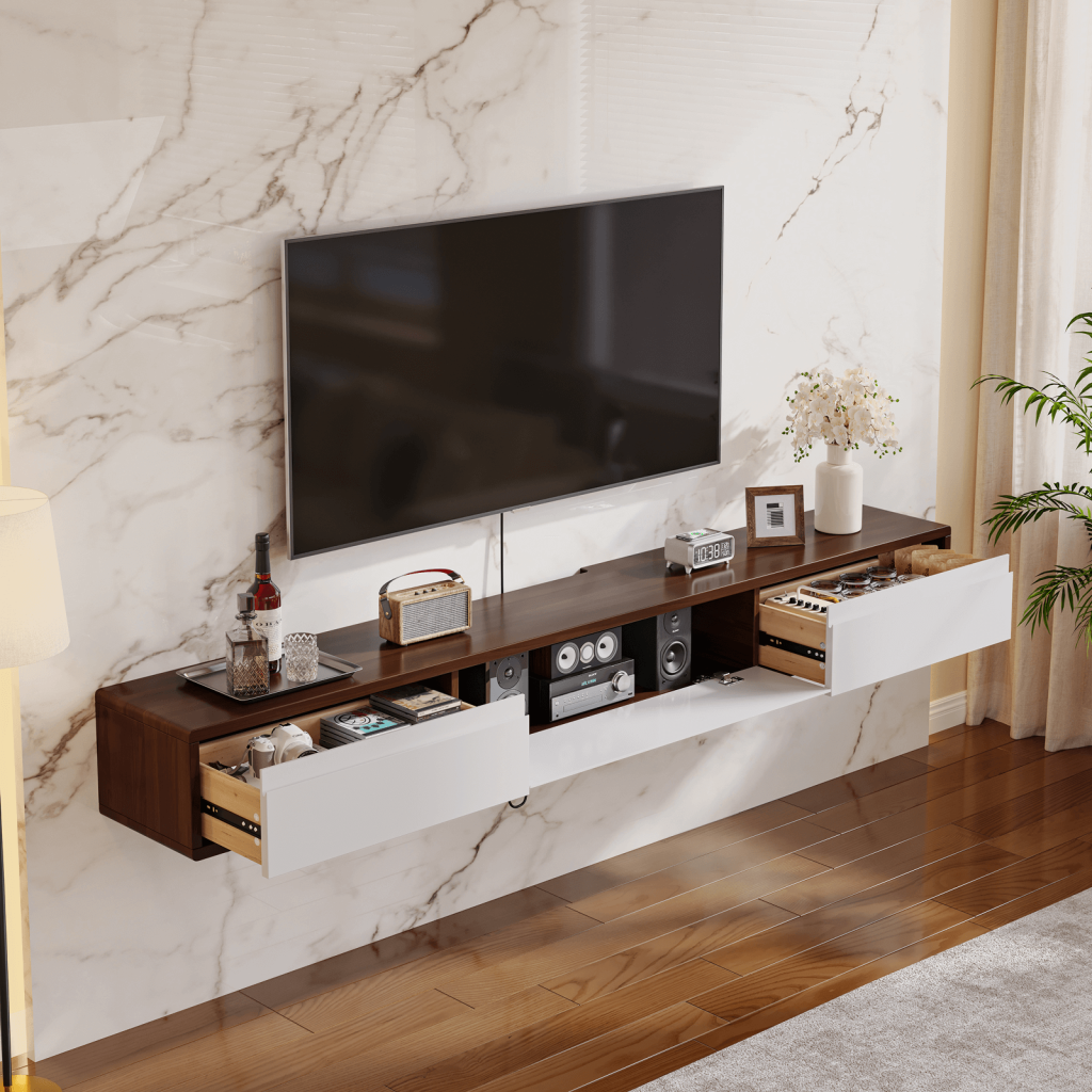 Wall-mounted walnut and white media console with drop-down storage doors