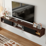 Detail of the open shelves on the TV stand with storage, showing organized items.