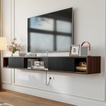 Side view of the floating TV stand, emphasizing its slim profile and space-saving design.
