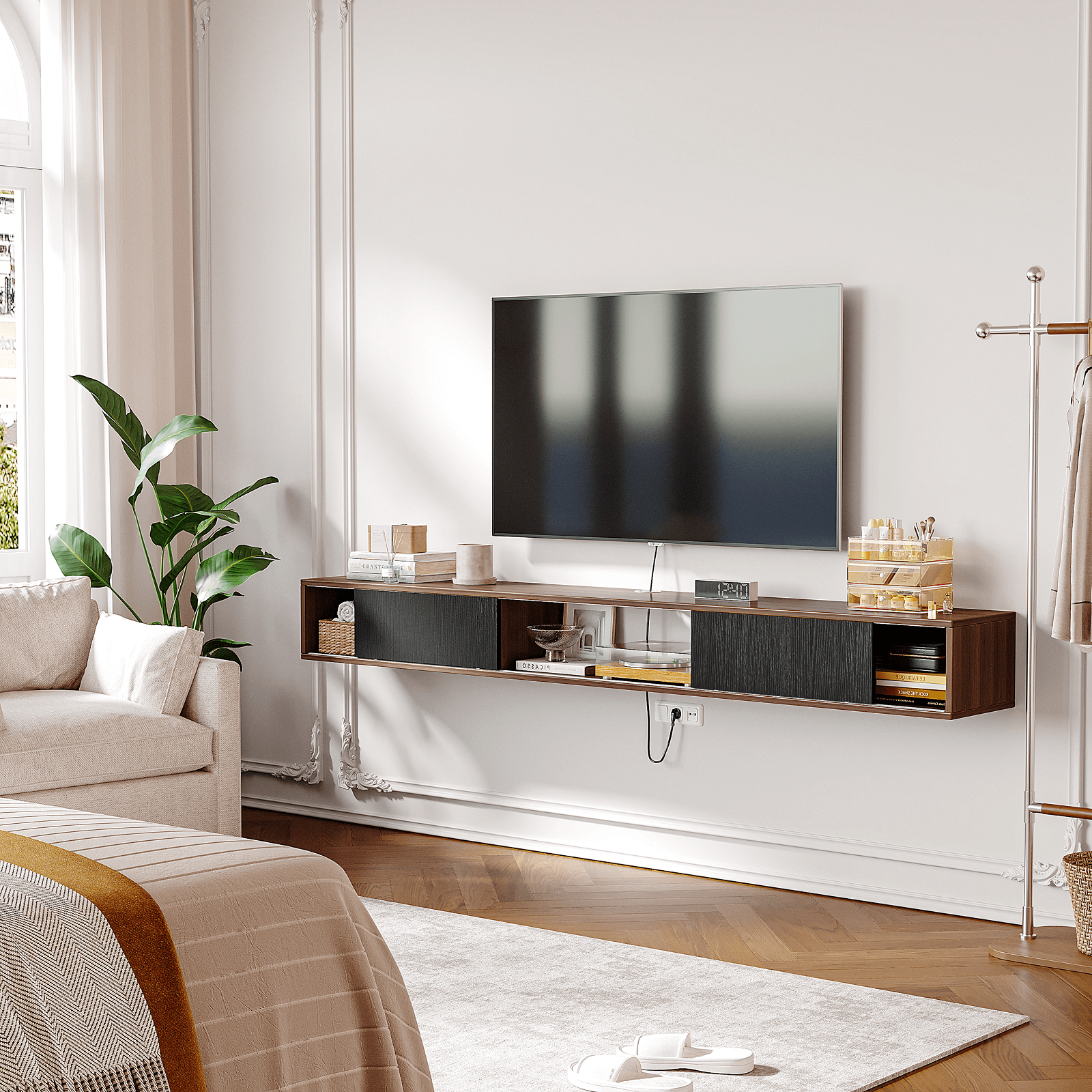 The TV stand with storage integrated into a bedroom setting with vintage-inspired decor.