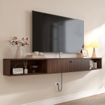 walnut floating TV stand's drop-down door cabinet with a spherical handle.