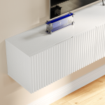 A look at how this contemporary TV stand keeps everything from cameras to music players in one neat place.