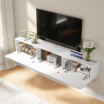 A simple white contemporary TV stand that hangs on the wall, showing three doors open with plenty of space inside.