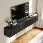 All-black paint-free floating TV console with vacuum-formed cabinet doors