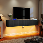 Black minimalist floating media cabinet under flat screen TV