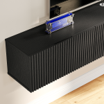 Black wall-mounted media console featuring stripe-pattern flip-down doors