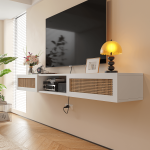 Contemporary wall TV stand with rattan drop-down cabinets and open storage space, paint-free finish for a clean look.