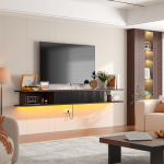 Elegant walnut floating entertainment unit with curved edge design and storage shelves.