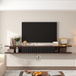 mid century TV stand in walnut finish with black vertical striped flip door and rounded edges.