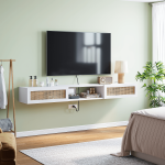 Floating media console in white finish, featuring natural rattan cabinet doors for better ventilation.