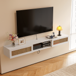 Minimalist custom wood tv stand with rattan front panels and center open shelf for media devices.