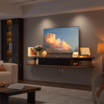 Minimalist floating TV cabinet with vertical stripe design door and rounded corners.