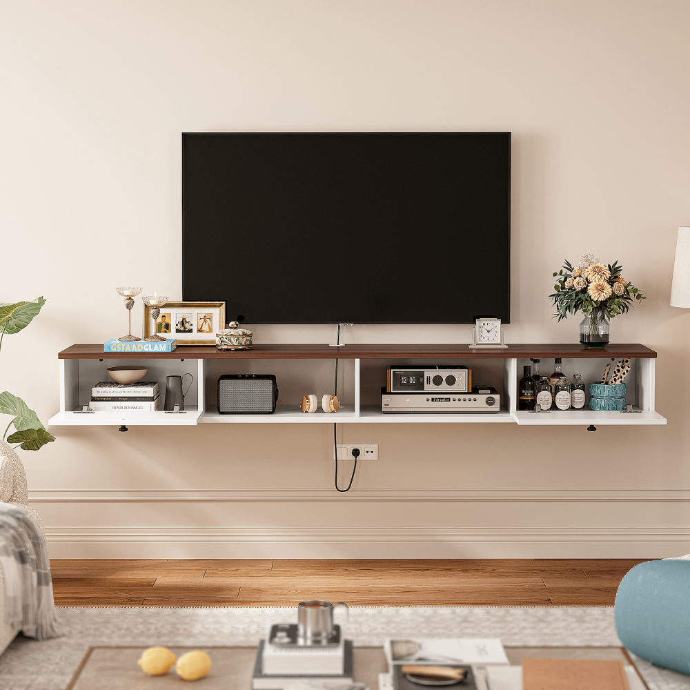 Minimalist hanging TV cabinet with door compartments and open middle shelving