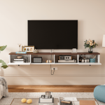 Minimalist hanging TV cabinet with door compartments and open middle shelving