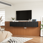 Minimalist suspended TV cabinet for living room with vertical groove texture