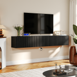 black contemporary TV stand with vertical striped grille doors and matte finish