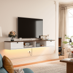 Modern walnut and white custom floating TV stand with horizontal grille doors and open shelves