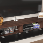 Modern wooden TV stand in walnut tone with center black vertical door and open sides.