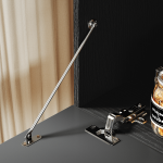 Stylish wall-mounted TV cabinet with classic black striped door panels