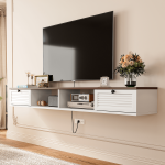 Wall-mounted TV stand with dual storage cabinets and two central open display shelves