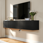 Wall-mounted custom design TV stand with three flip-down doors and classic striped design