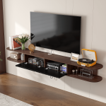 Wall-mounted walnut TV stand with black slatted flip door and side open compartments.