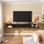 Walnut floating media console featuring black flip door and smooth curved edges.