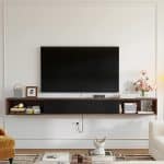 Walnut floating sliding door tv stand, mounted on a white wall below a television.