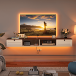 White and walnut wall-mounted TV stand offering ample storage and space-saving design