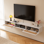 White hanging TV unit with natural cane doors, perfect for modern home decor and easy cleaning.