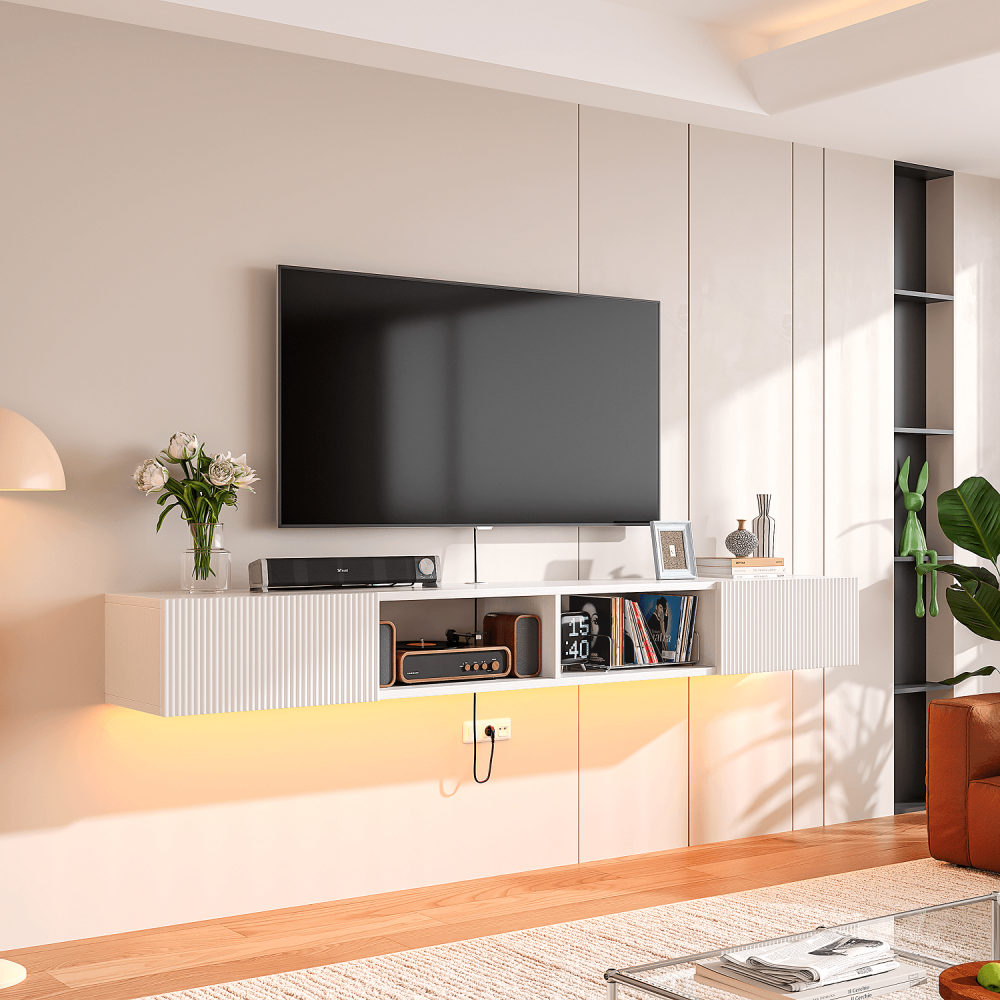 Contemporary white wall-mounted TV stand with storage compartments and open shelves
