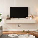 Floating TV stand white color design in matte white with smooth rounded corners and wood drawers