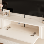 Fully assembled matte white wall-mounted TV stand with open shelf and drawers