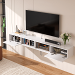 Minimalist floating TV stand with ribbed cabinet doors and open center shelves