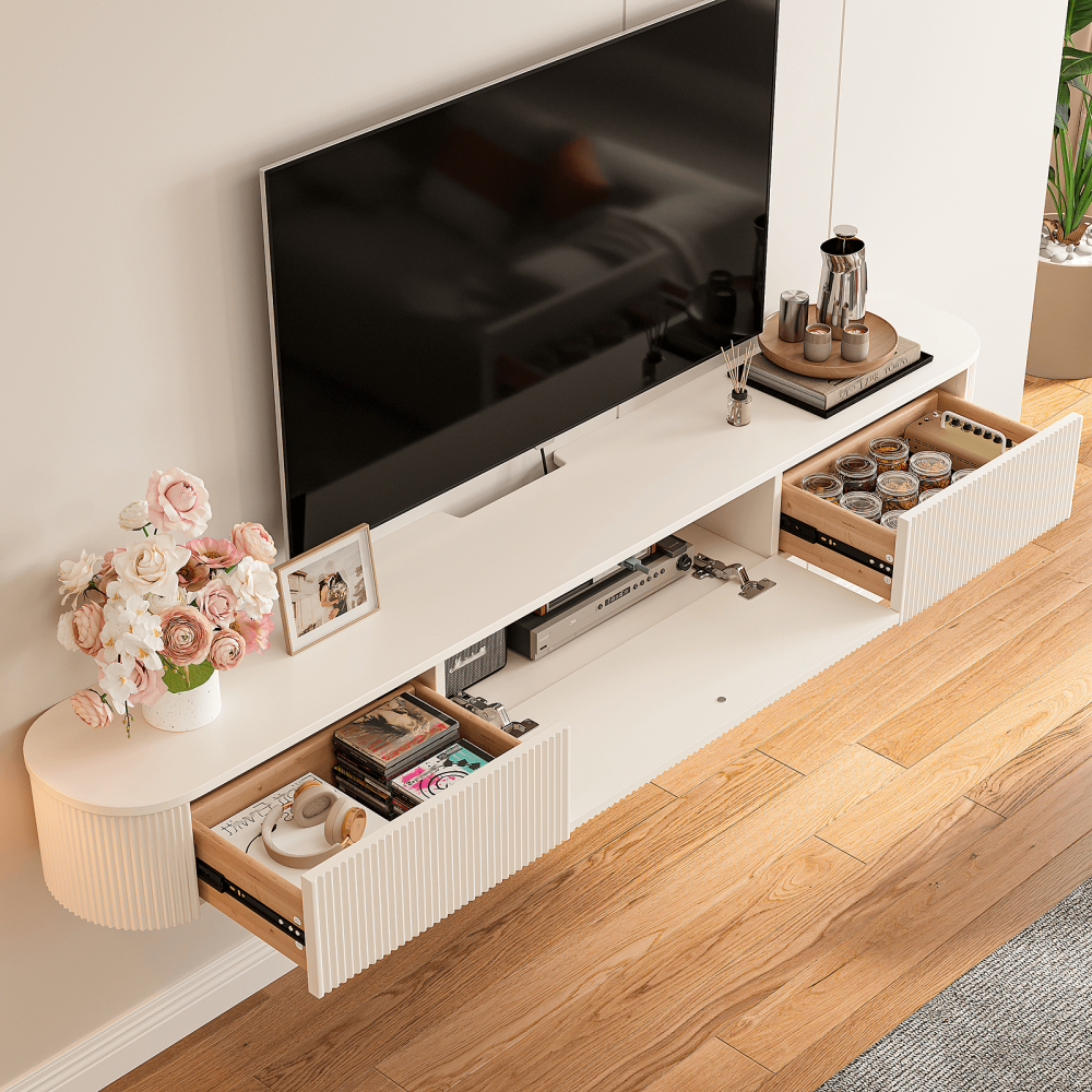 Modern white floating TV cabinet made of plywood and MDF with storage drawers