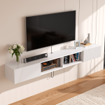 Modern white wall-mounted TV cabinet made of plywood and MDF with vacuum-formed doors
