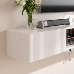 Sleek white floating TV console for living room with fluted cabinet doors
