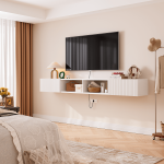 White modern TV cabinet with vacuum forming doors and open shelving design