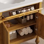 Bathroom vanity cabinet with ceramic countertop and metal hardware