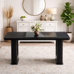 Black modern dining table with MDF tabletop and gray glass center insert