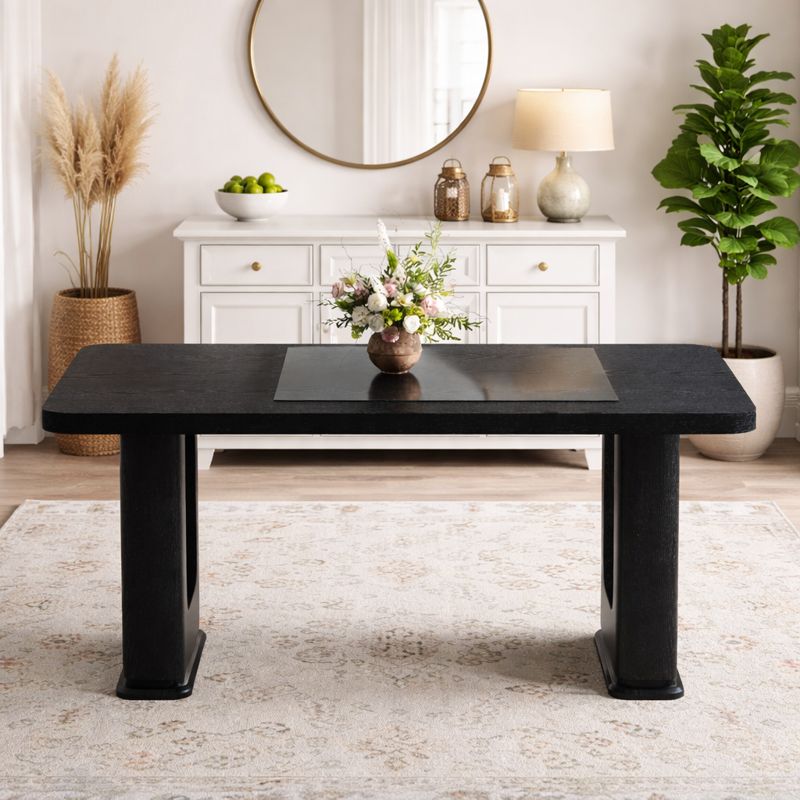 Black modern dining table with MDF tabletop and gray glass center insert