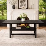 Black modern dining table with wood grain tabletop in elegant interior